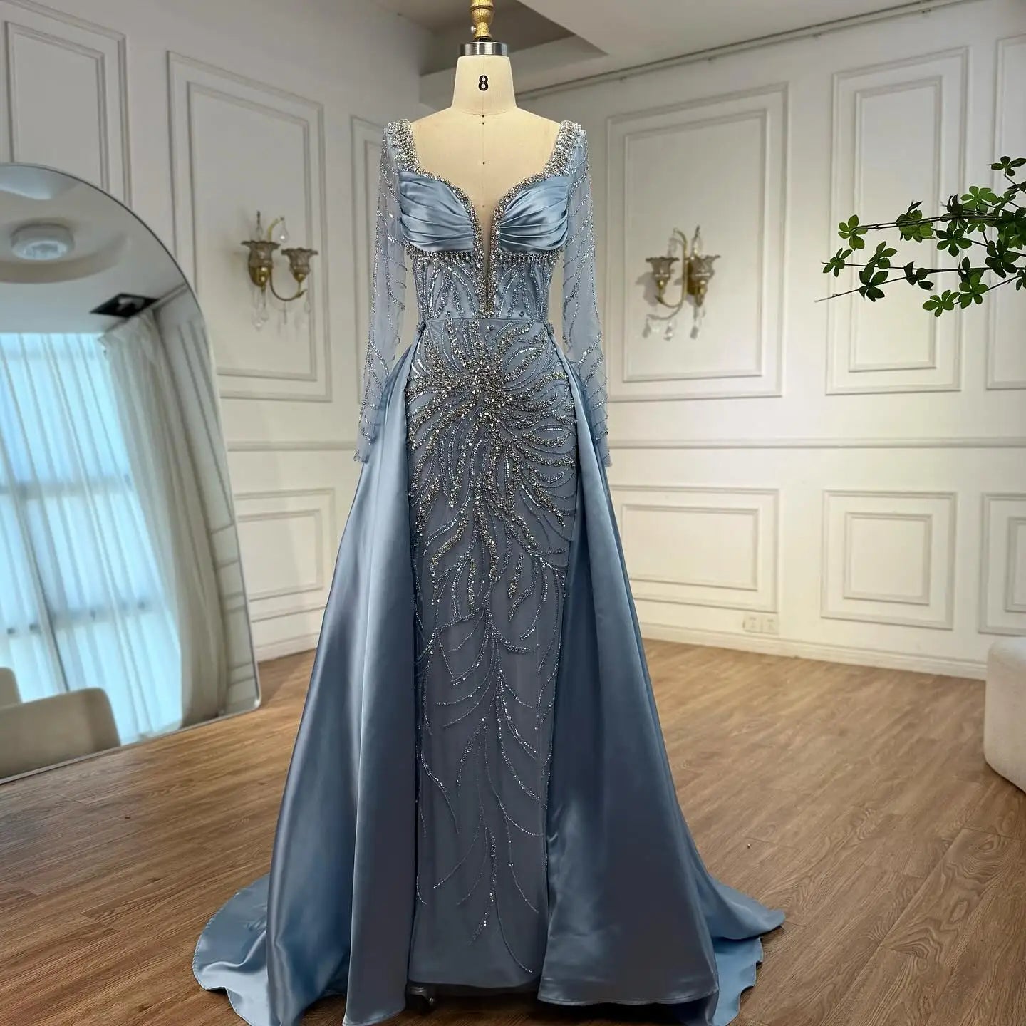 Zapdress Customized 2026 High-end Beaded Blue Long Sleeves Evening Dress with Overskirt Satin Party Gowns for Women (ZD17332)