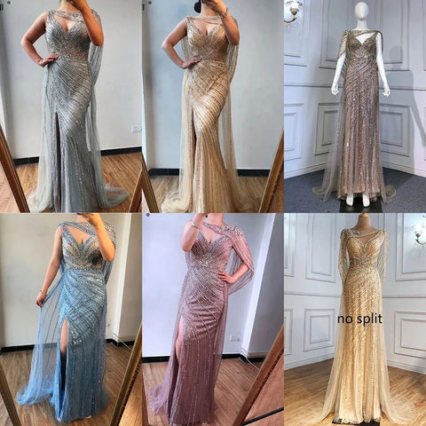 Luxury Champagne Split Diamond Beaded Sleeveless Evening Dress LA70301