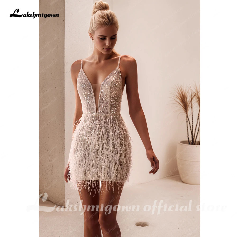 ZapDress Sexy Deep V-neck Wedding Dress For Bride Backless Feathers Bridal Gown Vestido De Novia Shiny Customized