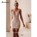 ZapDress Sexy Deep V-neck Wedding Dress For Bride Backless Feathers Bridal Gown Vestido De Novia Shiny Customized