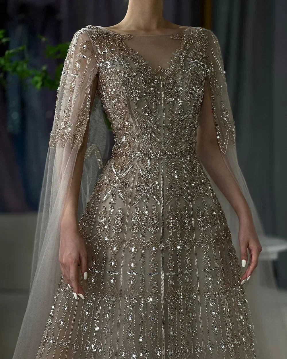 Customized 2025 Muslim A-Line Blue Beaded Elegant Evening Dresses With Cape Sleeves For Wedding Occasion (ZD17385)