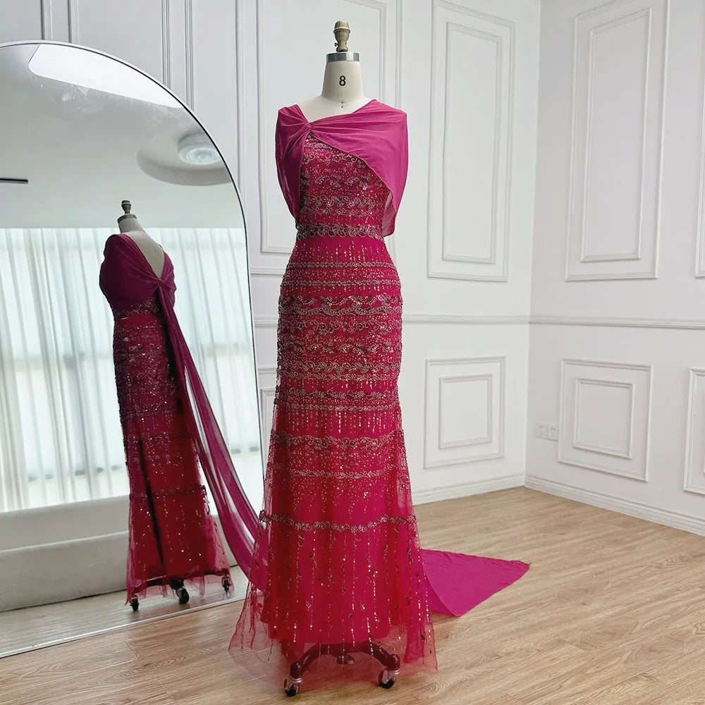 Zapdress 2026 Customized Nude Mermaid Sleeveless Evening Dress with Long Cape Dubai Wedding Party Gowns for Women DLA72126B (ZD17331)