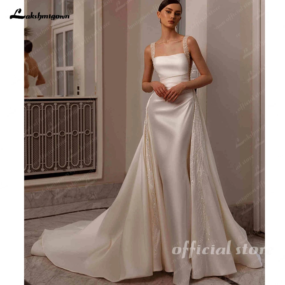 ZapDress Customized Elegant Satin Square Collar 2 In 1 Mermaid Wedding Dresses Beading Pearls Lace Sleeveless Bridal Gown