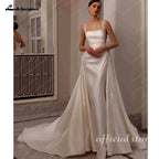ZapDress Customized Elegant Satin Square Collar 2 In 1 Mermaid Wedding Dresses Beading Pearls Lace Sleeveless Bridal Gown