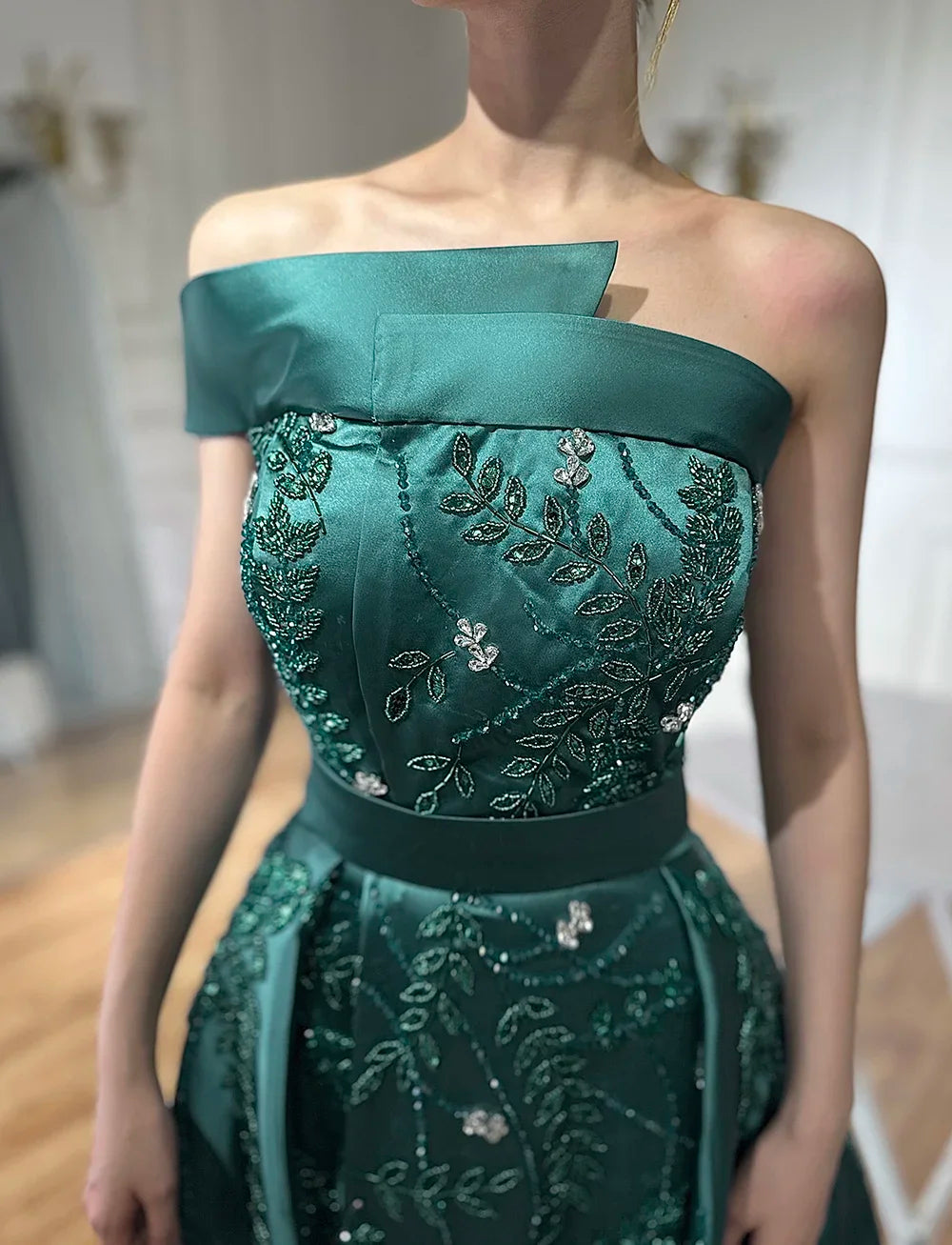 Zapdress Customized 2024 Green One-Shoulder Satin Evening Gown Beaded Dress with Overskirt and Split for Women (ZD17391)