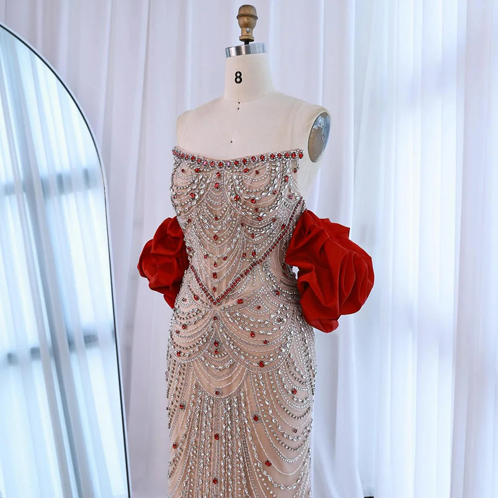 Luxury Beaded Evening Dresses with Elegant Puff Sleeves Pearl Beaded Adorned Design Zapdress DLA72903 Customized
