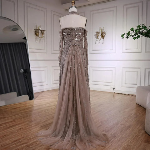 Luxury Caramel Off Shoulder Beaded Mermaid Evening Dress Long Sleeves LA73053