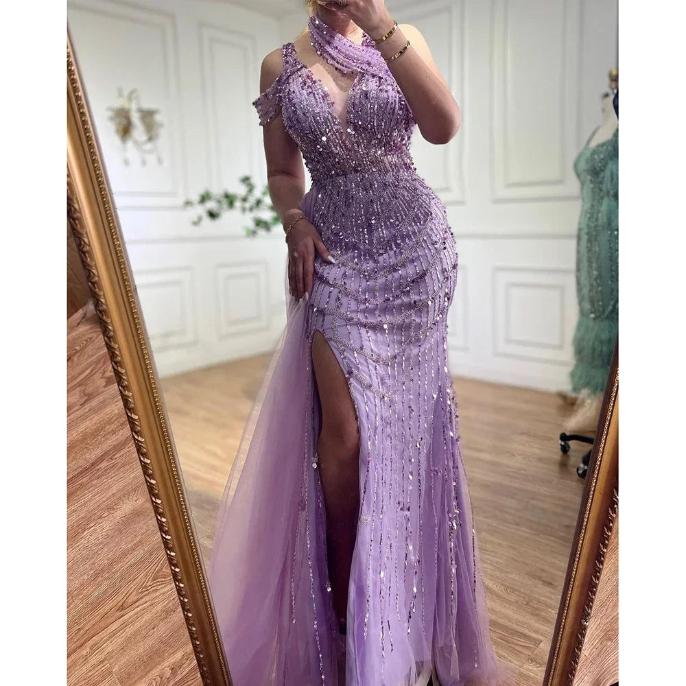 Zapdress Customized Lilac Halter Mermaid Beaded Formal Evening Dresses Elegant Wedding Party Gowns for Women DLA71778A (ZD17376)