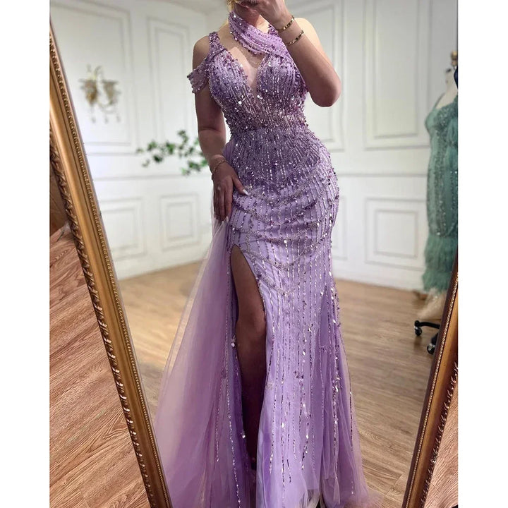 Serene Hill Customized Lilac Halter Mermaid Beaded Formal Evening Dresses Elegant Wedding Party Gowns for Women DLA71778A