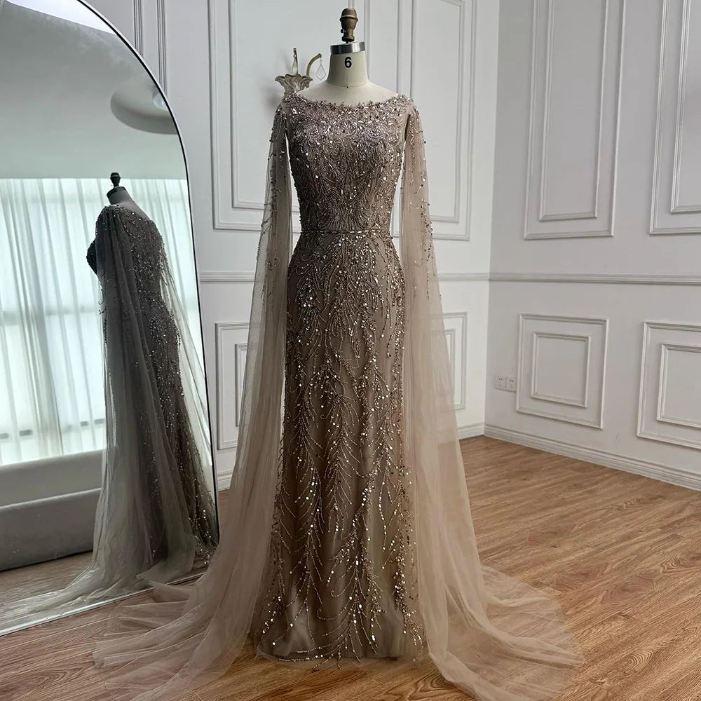 Zapdress Customized Caramel O-Neck Mermaid Evening Dress with Cape Sleeve 2026 Wedding Party Gowns for Women (ZD17364)