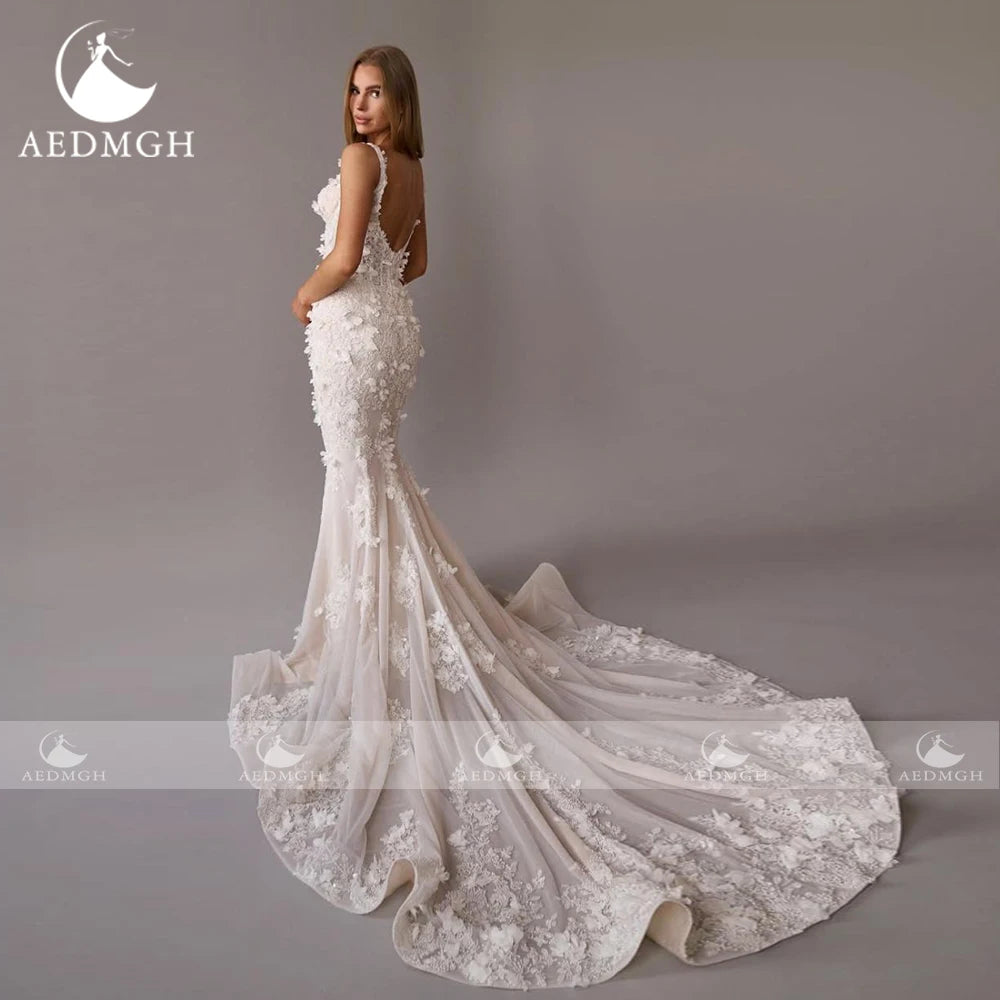 Aedmgh Mermaid Vintage Wedding Dresses Sweetheart Sleeveless Vestido De Novia Lace Beaded Flowers Sexy Custom Made Bridal Gown