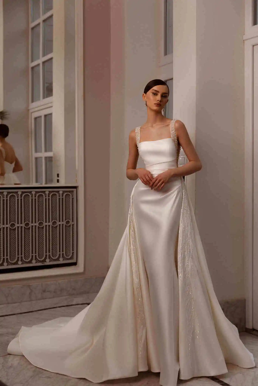 ZapDress Customized Elegant Satin Square Collar 2 In 1 Mermaid Wedding Dresses Beading Pearls Lace Sleeveless Bridal Gown