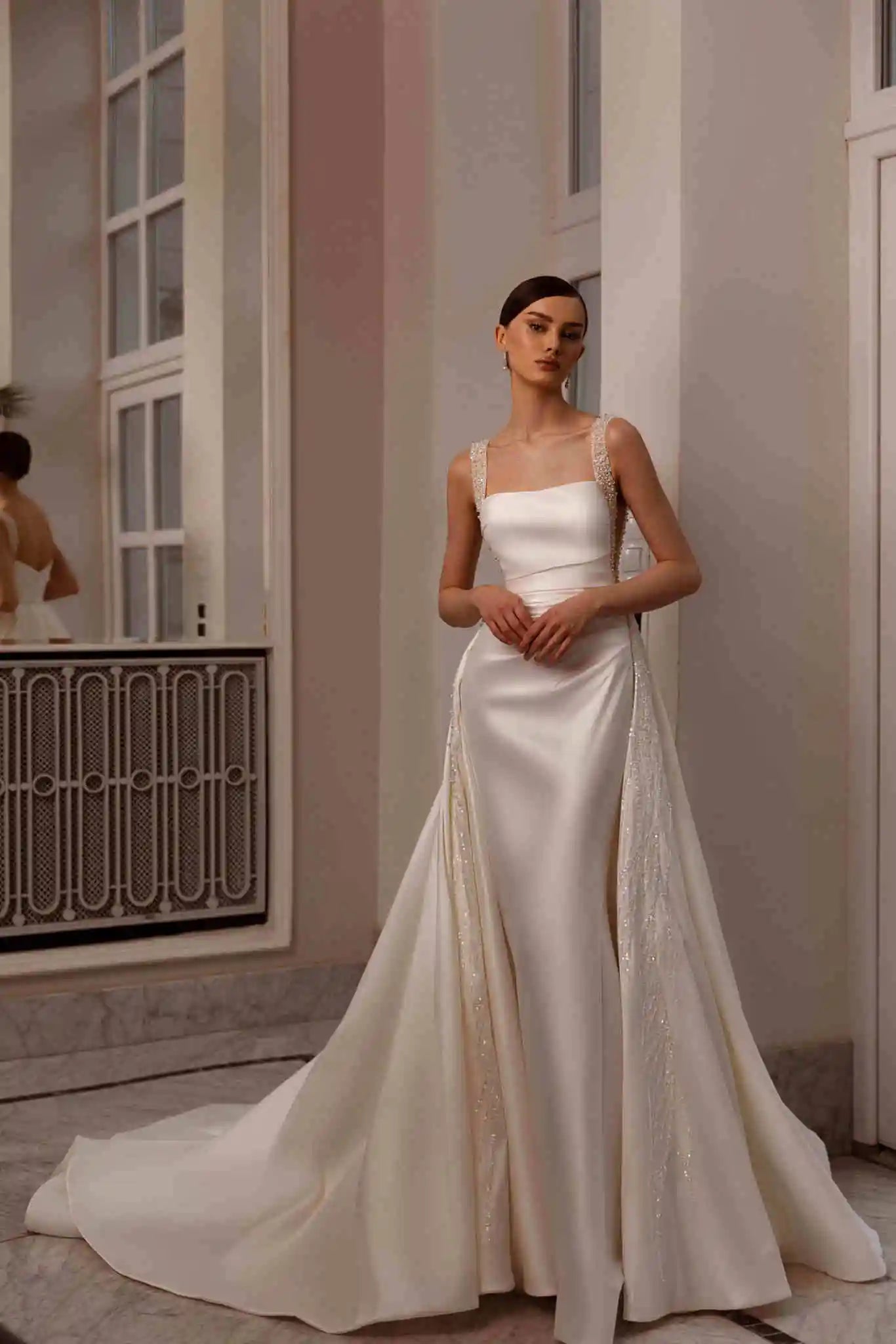 ZapDress Customized Elegant Satin Square Collar 2 In 1 Mermaid Wedding Dresses Beading Pearls Lace Sleeveless Bridal Gown