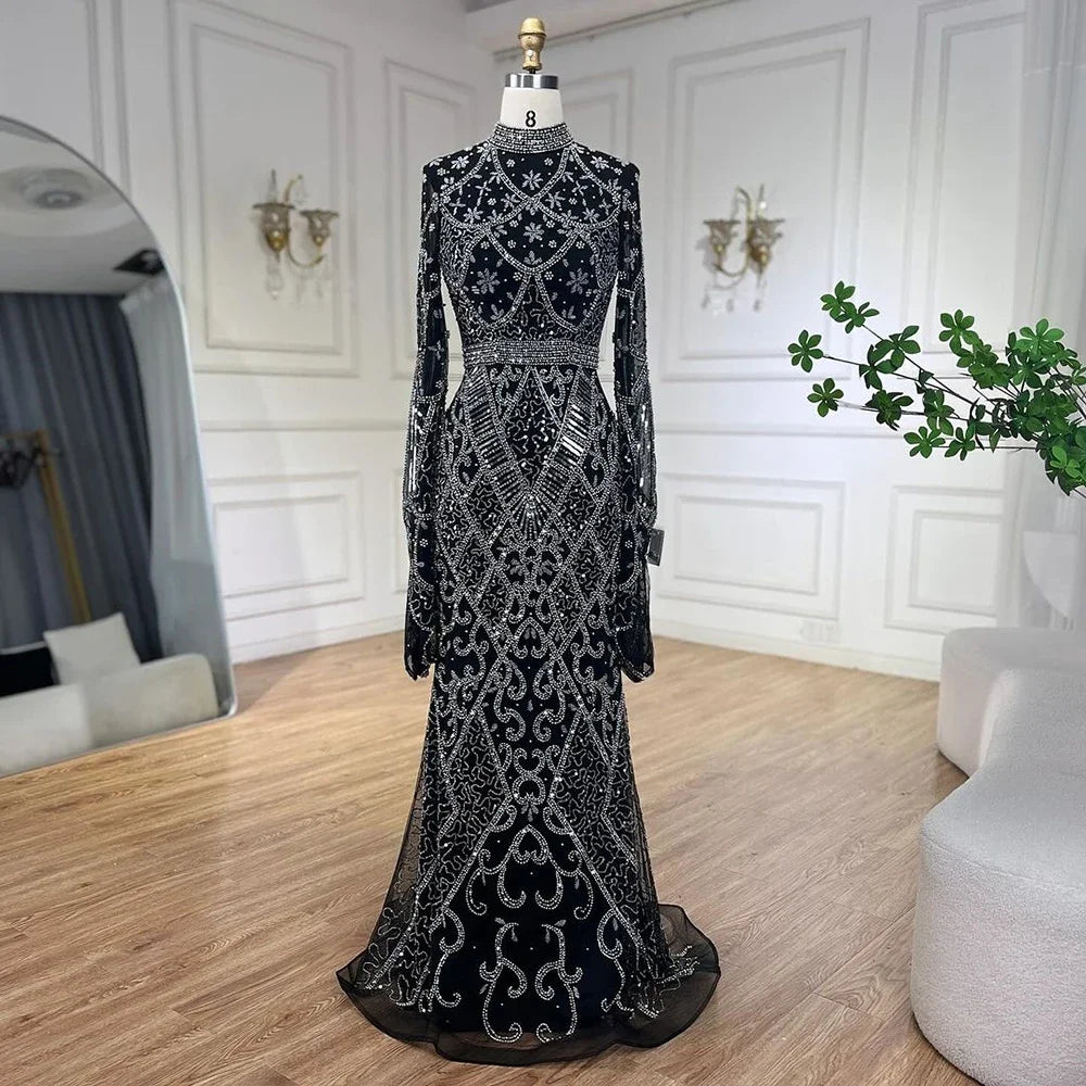 Serene Hill Customized Muslim Gray Mermaid Cape Sleeve Beaded Evening Dress Dubai Elegant Party Gowns 2025 for Women DLA72316