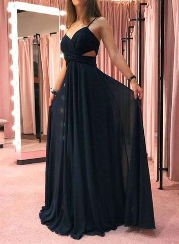 Black Spaghetti straps Chiffon Long Prom Dress Simple Evening Dress S6167