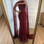 Serene Hill Red Mermaid Detachable Cape Sleeves Evening Dresses with Lace Up Back Party Gowns for Women DLA72824 Customized