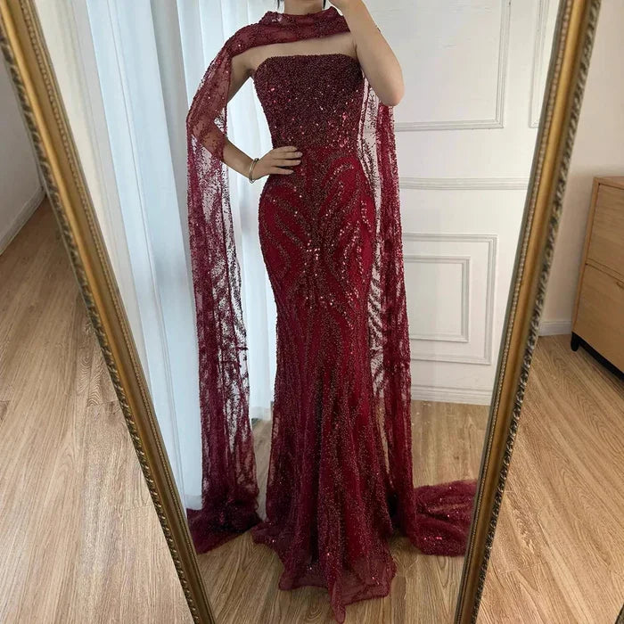 Serene Hill Red Mermaid Detachable Cape Sleeves Evening Dresses with Lace Up Back Party Gowns for Women DLA72824 Customized