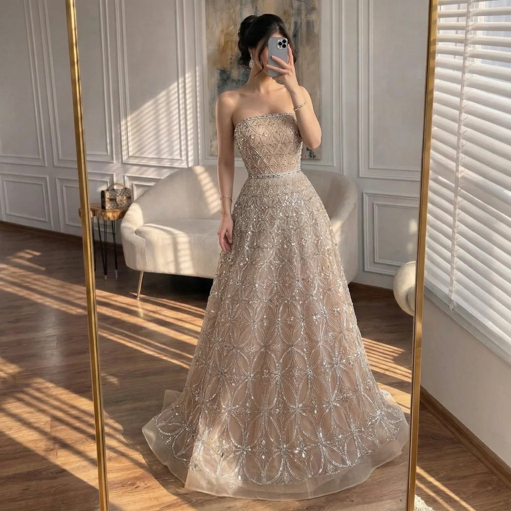 Zapdress Customized 2026 Caramel Strapless A Line Beaded Evening Prom Dresses Elegant Party Gowns for Women (ZD17386)