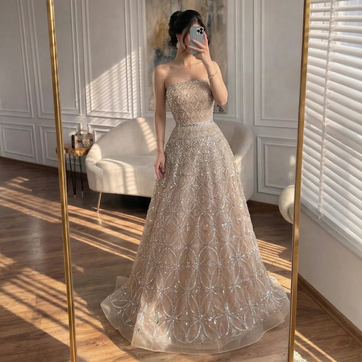 Zapdress Customized 2026 Caramel Strapless A Line Beaded Evening Prom Dresses Elegant Party Gowns for Women (ZD17386)