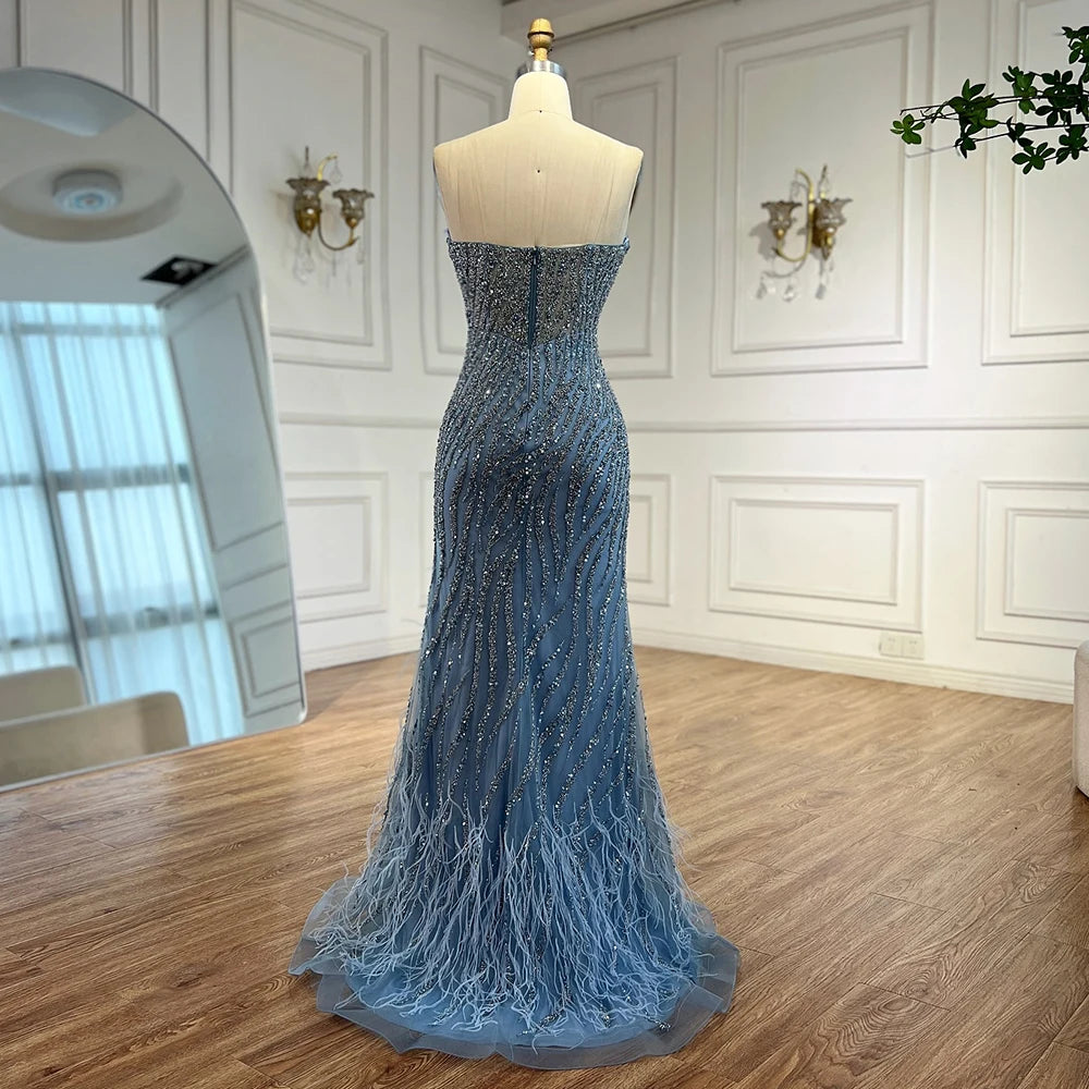 Zapdress Customized 2025 Strapless Blue Luxury Beaded Feathers Slit Open Evening Party Gowns for Women (ZD17371)