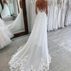 Beach Chiffon Wedding Dress Backless V-Neck Spaghetti Straps A-Line Bridal Gown with Lace Appliqués