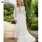 ZapDress Chiffon V Neck Wedding Dress Bride Applique A-Line Civil Double V-Neck Puff Sleeves Bride Gowns Customized