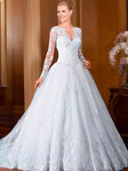 Long Sleeves Appliques Vestido De Noiva V-Waist Wedding Dresses Becautiful Sweetheart Vestidos De Novia Lace Robe De Mariée by payinti