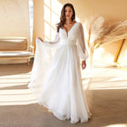 Cheap Chiffon Wedding Dress Long Sleeve Plus Size For Woman Floor Length V Neck Open Back Simple Bridal Gown For Bride Vestidos