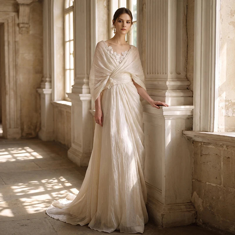 Grecian Boho Wedding Dress V‑Neck Batwing Sleeve Draped Ruched A‑Line Bridal Gown Sweep Train For Outdoor Garden Wedding