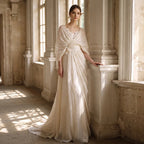 Grecian Boho Wedding Dress V‑Neck Batwing Sleeve Draped Ruched A‑Line Bridal Gown Sweep Train For Outdoor Garden Wedding