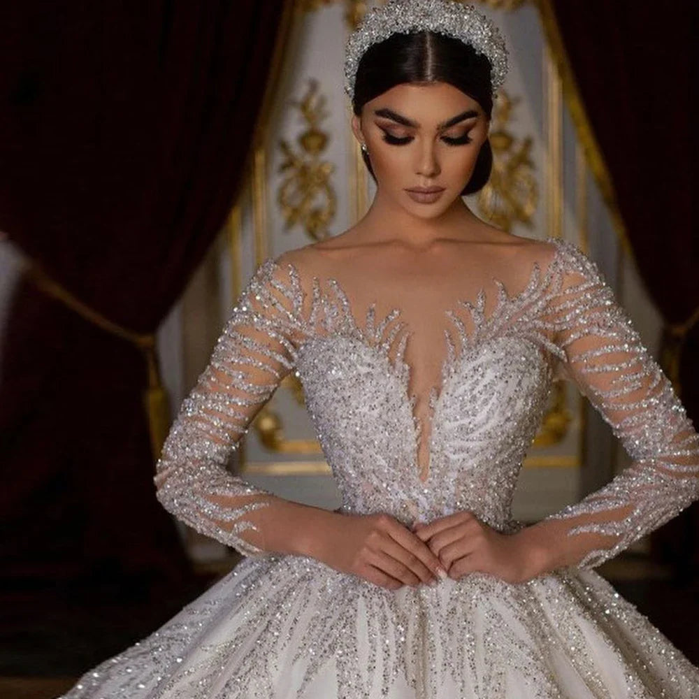 Customized Long Sleeve Shiny Ball Gown Wedding Dresses Sequined Princess Bride Gown Vestido de novia boda amanda novias oficial