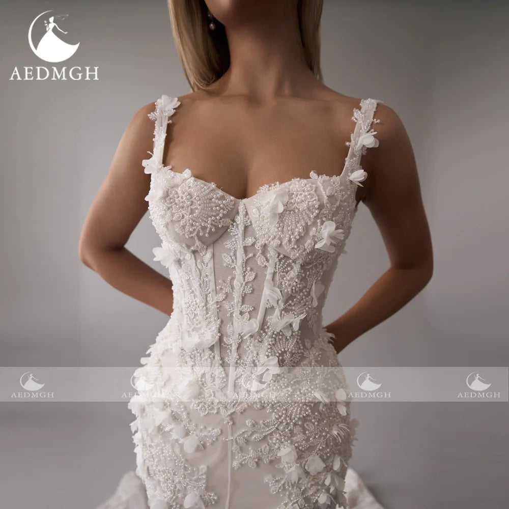 Aedmgh Mermaid Vintage Wedding Dresses Sweetheart Sleeveless Vestido De Novia Lace Beaded Flowers Sexy Custom Made Bridal Gown