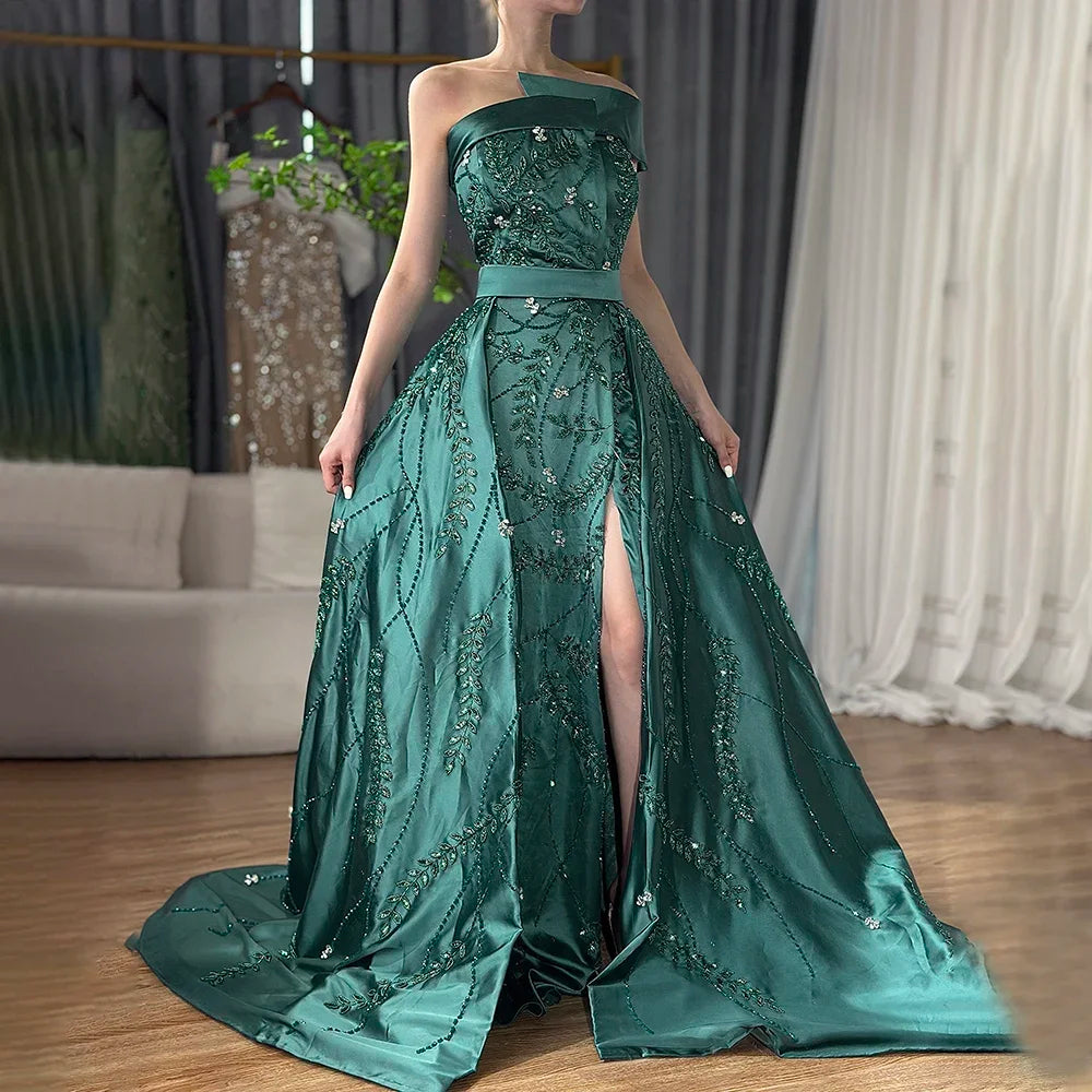 Zapdress Customized 2024 Green One-Shoulder Satin Evening Gown Beaded Dress with Overskirt and Split for Women (ZD17391)