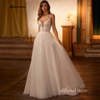 ZapDress V Neck Spaghetti Straps Beach Wedding Dresses For Women 2026 Beads Lace Shinny Boho Bridal Party Gown Customized