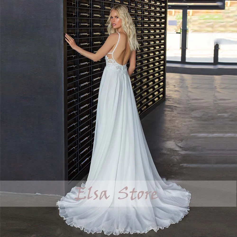 Beach Wedding Dresses Sexy V-Neck Spaghetti Straps High Side Slit Bride Dress 2025 Lace Appliques Beaded Ribbons Bridal Gown New