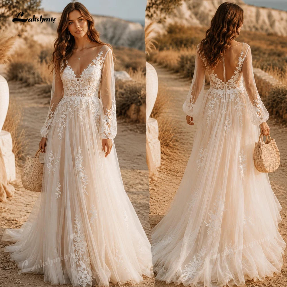 Romantic Puff Long Sleeve Boho Wedding Dress Low Open Back Tulle Bridal Gowns A Line Lace Applique Wedding Gowns Customized