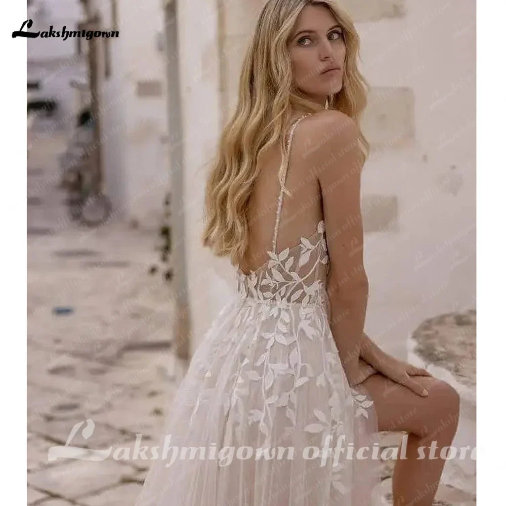 ZapDress Summer Split Side Lace Appliques V Neck Wedding Dress for Women Spaghetti Straps Bridal Gown Abito Da Sposa