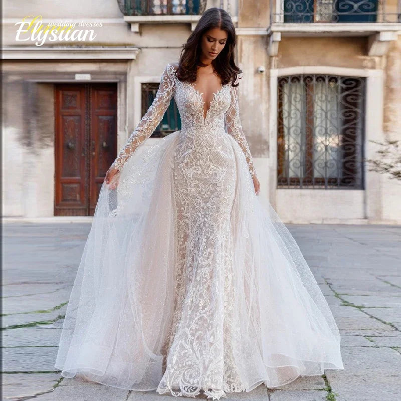 Customized Bride Dress Mermaid Detachable 2 In 1 Wedding Dress Lace  O-Neck Fullsleeve Vestido De Novia