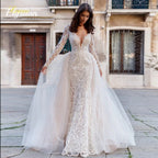 Customized Bride Dress Mermaid Detachable 2 In 1 Wedding Dress Lace  O-Neck Fullsleeve Vestido De Novia