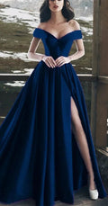 Navy Blue Evening Gowns Long Satin Split Prom Dresses S6535 by simplepromdress