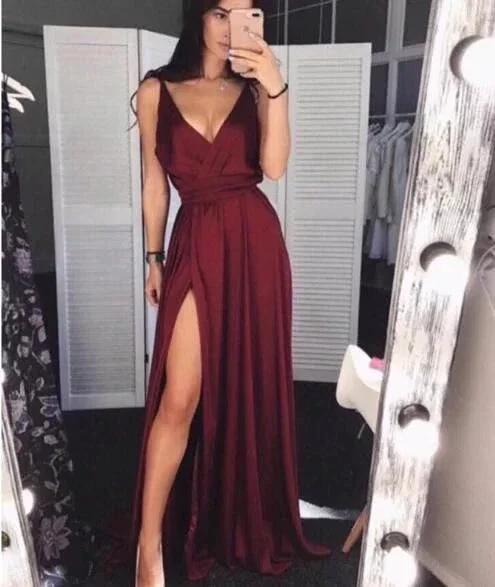 Simple Burgundy V-Neck Satin Prom Dress Long Evening Dress With Split S6547 by simplepromdress