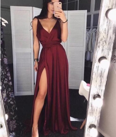 Simple Burgundy V-Neck Satin Prom Dress Long Evening Dress With Split S6547