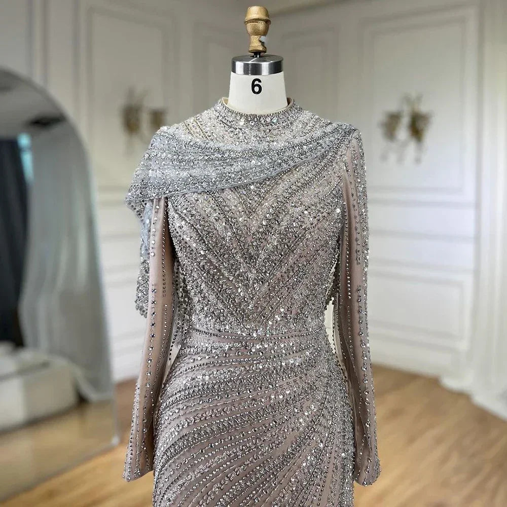Zapdress 2025 Muslim-inspired Silver Nude Beaded Sparkle Elegant Mermaid Evening Dresses Gowns for Party DLA70752H Customized (ZD17353)