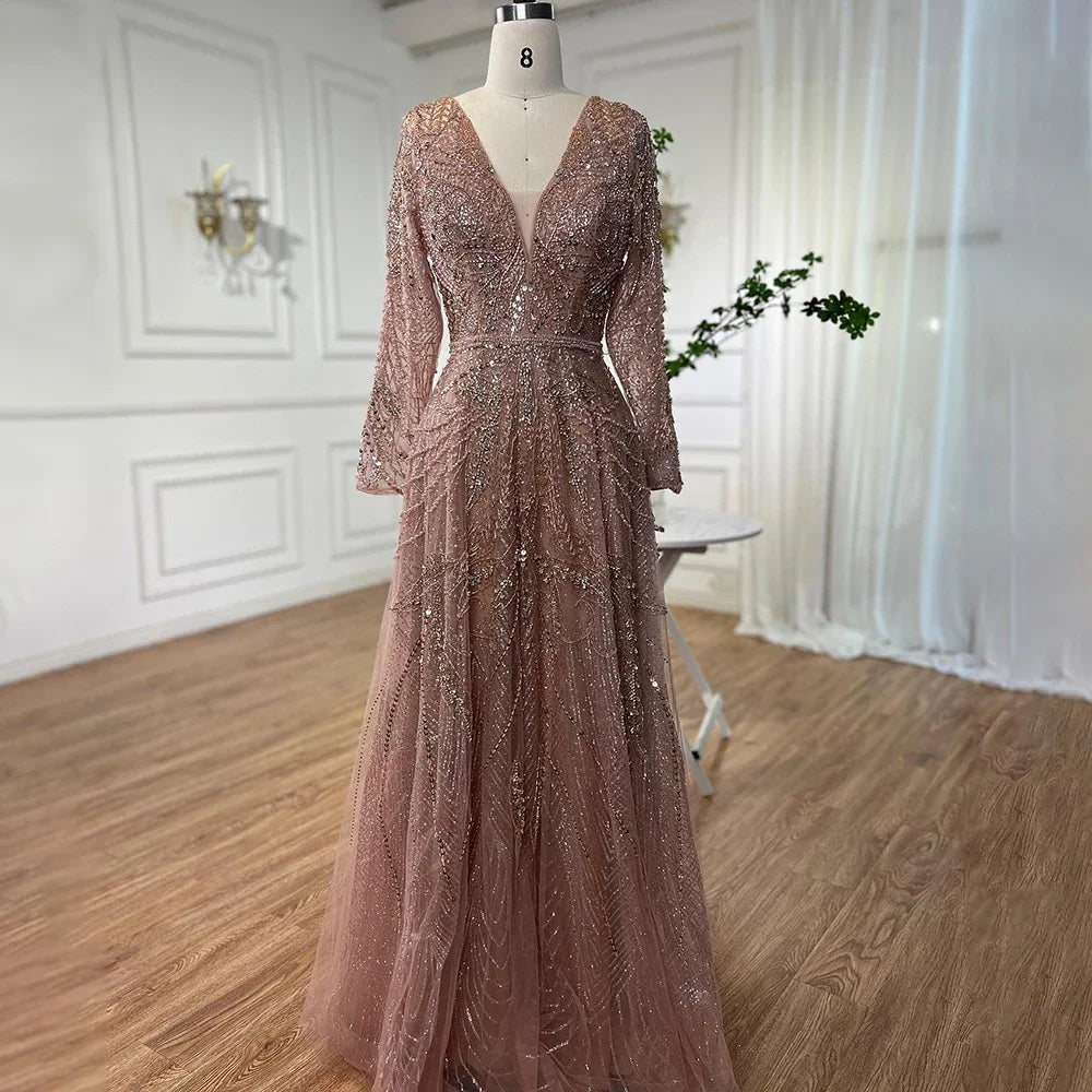 Zapdress Ccustomized Rose Gold Long Sleeves A-Line Beaded Evening Party Gowns Mother of the Bride Dress DLA70287L (ZD17336)