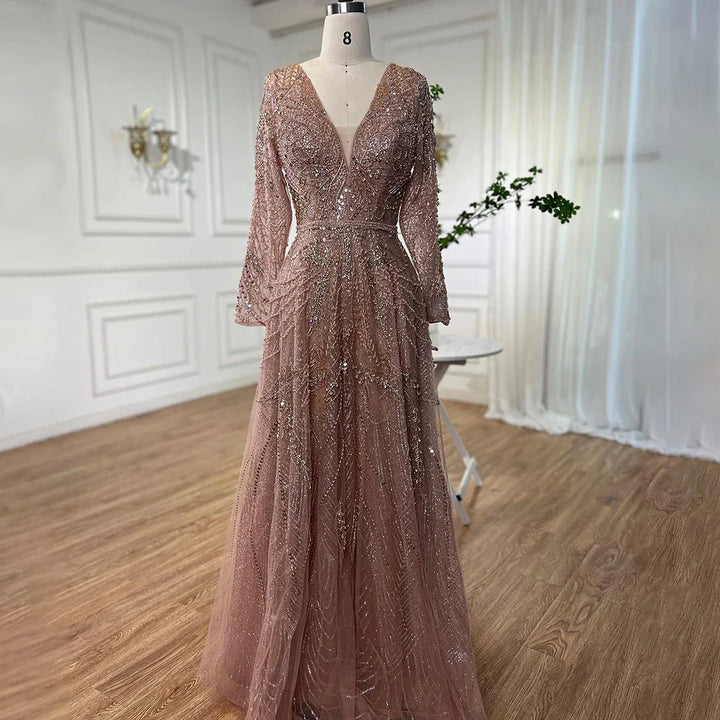 Serene Hill Ccustomized Rose Gold Long Sleeves A-Line Beaded Evening Party Gowns Mother of the Bride Dress DLA70287L
