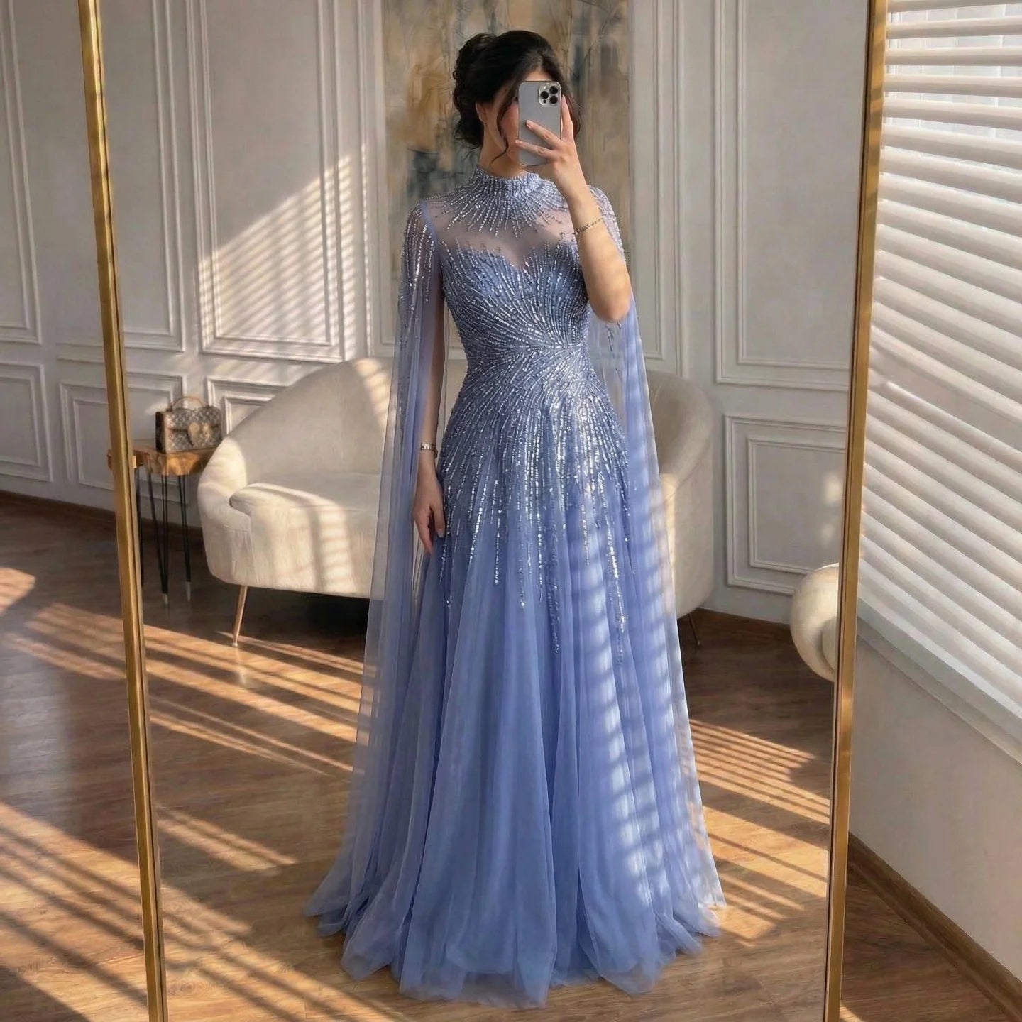 Serene Hill Burgundy High Neck Cape Sleeve A-line Evening Dress Elegant Party Gown for Women 2026 Customized DLA72386A