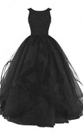Black Ball Gown Scoop Neck Organza Sleeveless Beading Long Prom Dress S7467 by simplepromdress