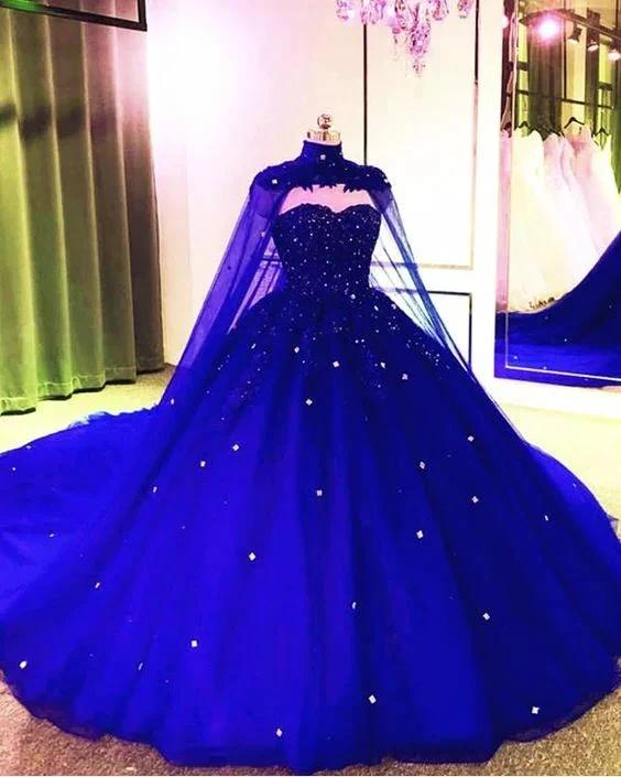 Royal Blue Tulle Ball Gown Prom Dress With Cape S8255 by simplepromdress