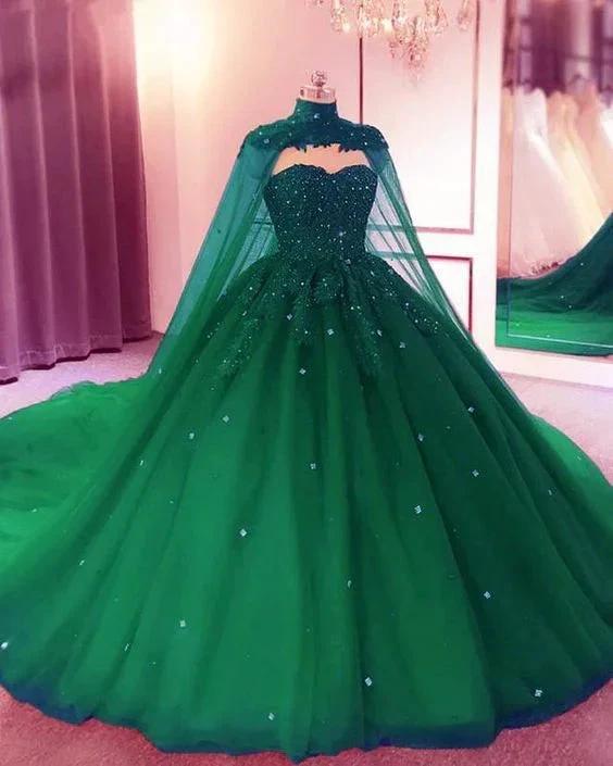 Green Sweetheart Ball Gown Prom Dress With Cape S13179 by simplepromdress