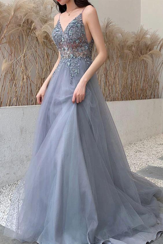 dusty blue long prom dress with spaghetti straps and beaded bodice evening dress S7915 by simplepromdress